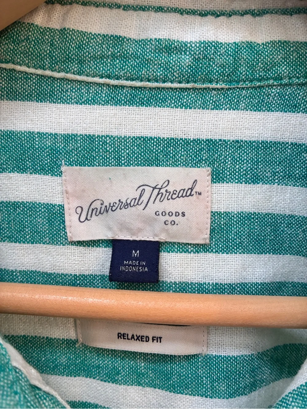 Universal Thread Green and White Relaxed Linen Shirt / Beach Cover Up - Picture 3 of 6